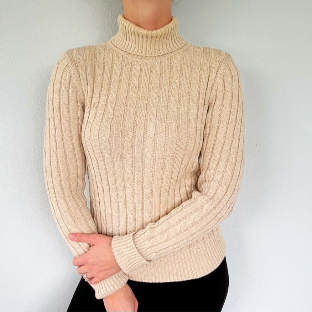 Charter Club Petite tan gold glitter sparkle cable knit turtleneck sweater small